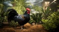 Majestic Rooster: Colorful, Iridescent Feathers, Proud Stance With A Vibrant Red Comb And Wattle, Sharp Beak, Crowing Confidently