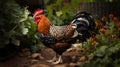 Majestic Rooster: Colorful, Iridescent Feathers, Proud Stance With A Vibrant Red Comb And Wattle, Sharp Beak, Crowing Confidently
