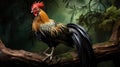 Majestic Rooster: Colorful, Iridescent Feathers, Proud Stance With A Vibrant Red Comb And Wattle, Sharp Beak, Crowing Confidently