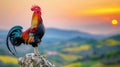 Majestic rooster crows at dawn on a picturesque farm in a serene and rural setting