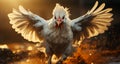 A majestic rooster flies freely in the rural sunset generated by AI