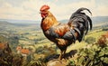 Majestic Rooster Overlooking Rural Landscape AI Generated Digital Art of Countryside Morning