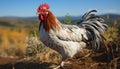 Majestic rooster pecking, standing in green meadow, surrounded by chickens generated by AI