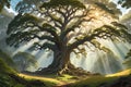 a towering oak tree with ancient roots sprawling atop a serene mountain.
