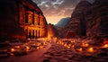 Majestic ruins illuminate ancient spirituality in a dark cityscape adventure generated by AI