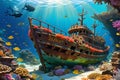 A Majestic and Rusty Old Shipwreck Nestled in the Colorful Coral Reefs: Home to Schools of Tiny Fish