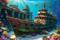 A Majestic and Rusty Old Shipwreck Nestled in the Colorful Coral Reefs: Home to Schools of Tiny Fish