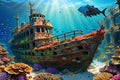 A Majestic and Rusty Old Shipwreck Nestled in the Colorful Coral Reefs: Home to Schools of Tiny Fish