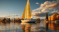 A majestic sailboat floating on the calm lake water glimmers in the sky Royalty Free Stock Photo