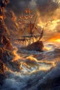 Majestic Sailing Ship Battling Through a Turbulent Ocean at Sunset, Dramatic Seascape with Waves Crashing on Rocky Cliff Royalty Free Stock Photo