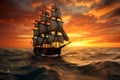 Majestic Sailing Ship Captivating Sunset Seascape. AI