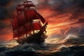 Majestic sailing ship on stormy seas at sunset Royalty Free Stock Photo
