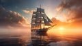Majestic Sailing Ship At Sunset: Dreamy And Romantic Vray Tracing