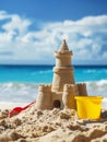 Majestic sand castle with multiple towers and a red shovel in the foreground, set against the tranquil backdrop of a