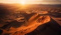 Majestic sand dunes ripple under orange sunset generative AI