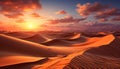 Majestic sand dunes ripple under vibrant sunset sky generated by AI