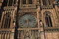 The majestic sandstone facade of the Strasbourg Cathedral, a masterful example of Gothic architecture. Royalty Free Stock Photo