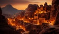 Majestic sandstone mountain illuminated by sunset, ancient ruins in Africa generated by AI