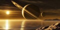 Majestic Saturn with Celestial Rings and Moons Illuminating a Tranquil Water Reflection at Dawn Royalty Free Stock Photo