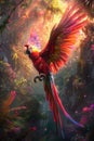 Majestic Scarlet Macaw Parrot Flying in Lush Tropical Rainforest with Sunlight Streaming Through Foliage Royalty Free Stock Photo