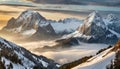 Majestic scenery of a mountain range, with the snow-capped peaks and the slopes covered in snow Royalty Free Stock Photo