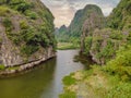 the majestic scenery on Ngo Dong river in Tam Coc Bich Dong view from drone in Ninh Binh province of Viet Nam Royalty Free Stock Photo