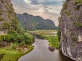 the majestic scenery on Ngo Dong river in Tam Coc Bich Dong view from drone in Ninh Binh province of Viet Nam Royalty Free Stock Photo