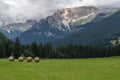 Majestic scenery of rocky mountains at golden sunset in Dolomites National Park Royalty Free Stock Photo