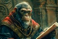 Majestic Scholarly Ape in Regal Attire Reading an Ancient Tome Amidst Vintage Library Background