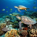 Sea turtles swimming in a coral reef. Created using ai generative.