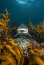 Majestic Shark Swimming Through Sunlit Kelp Forest in Pristine Ocean Waters Royalty Free Stock Photo