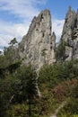 Majestic sharp grey rock as jagged pillar with cracks surrounded green trees, bushes in bright sunny day with white clouds in blue Royalty Free Stock Photo