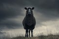 Majestic sheep standing on a hill under stormy skies