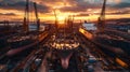 Majestic shipyard at sunset with docked tankers and towering cranes Royalty Free Stock Photo