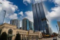 A majestic shot of the glass skyscrapers and the office buildings in the cityscape with blue sky and powerful clouds in Nashville Royalty Free Stock Photo