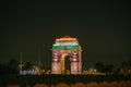 Majestic shot of the India Gate at Night (Kingsway) illuminated at night in New Delhi, India