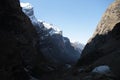 Majestic shot of jagged sunlit peaks of an Annapurna mountain range in Nepal, Himalayas