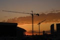 Majestic shot of a silhouette of urban city buildings with construction cranes at golden sunset