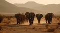 A group of wild African elephants marching through a dry savanna landscape created with Generative AI