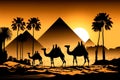 The majestic silhouette of a caravan of camels is set against the backdrop of the ancient Egyptian pyramids