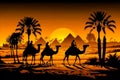 The majestic silhouette of a caravan of camels is set against the backdrop of the ancient Egyptian pyramids