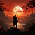 Majestic silhouette, samurai poised at sunset, an iconic stance against vibrant backdrop