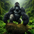 Majestic silverback gorilla stand strong on rock outcrop in forest setting