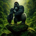 Majestic silverback gorilla stand strong on rock outcrop in forest setting