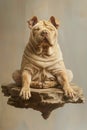 Majestic Sitting Bulldog Sculpture Floating in Mid Air on Stone Platform with a Beige Background Royalty Free Stock Photo