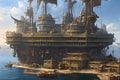 Majestic Skyship Docked at a Coastal City: A Vision of Steampunk Splendor with Generative AI