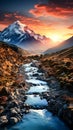 A majestic snow-capped mountain peak landscape at sunrise. Generative AI. Royalty Free Stock Photo