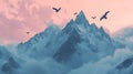 Majestic snow-capped mountains at sunset with birds in flight Royalty Free Stock Photo