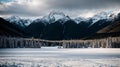 Majestic Snow-Capped Mountains Tower Over a Frozen Forest and Lake at Dusk. Generative AI. Royalty Free Stock Photo
