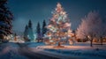A majestic snow-covered evergreen tree in a park spectacularly illuminated Royalty Free Stock Photo